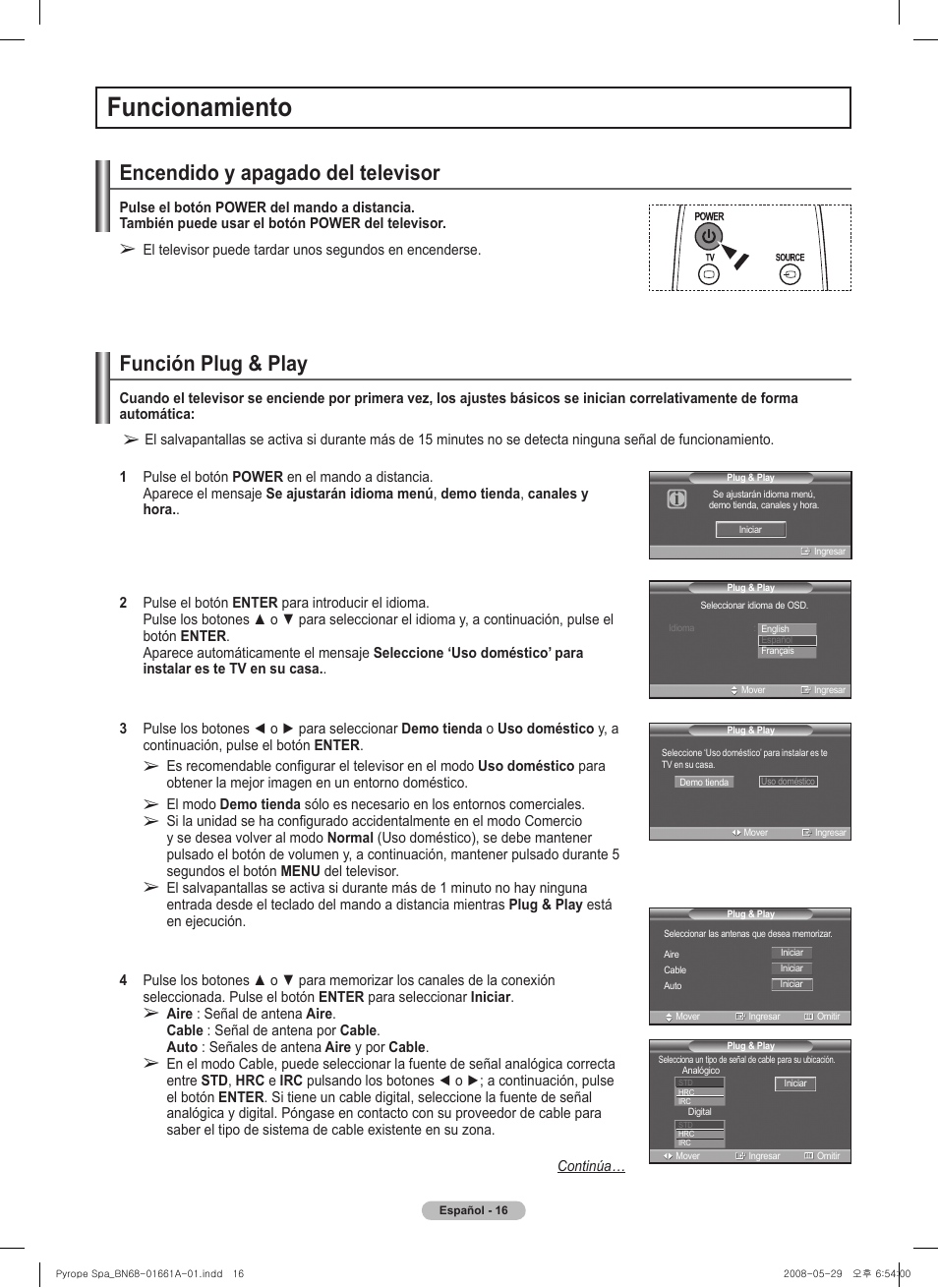 Funcionamiento, Encendido y apagado del televisor, Función plug & play | Samsung PN50A460S4DXZA User Manual | Page 90 / 150