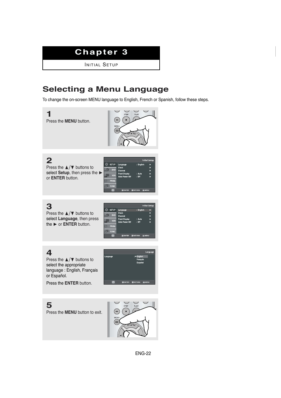 Chapter 3, Selecting a menu language | Samsung DVD-V5650B-XAA User Manual | Page 22 / 92
