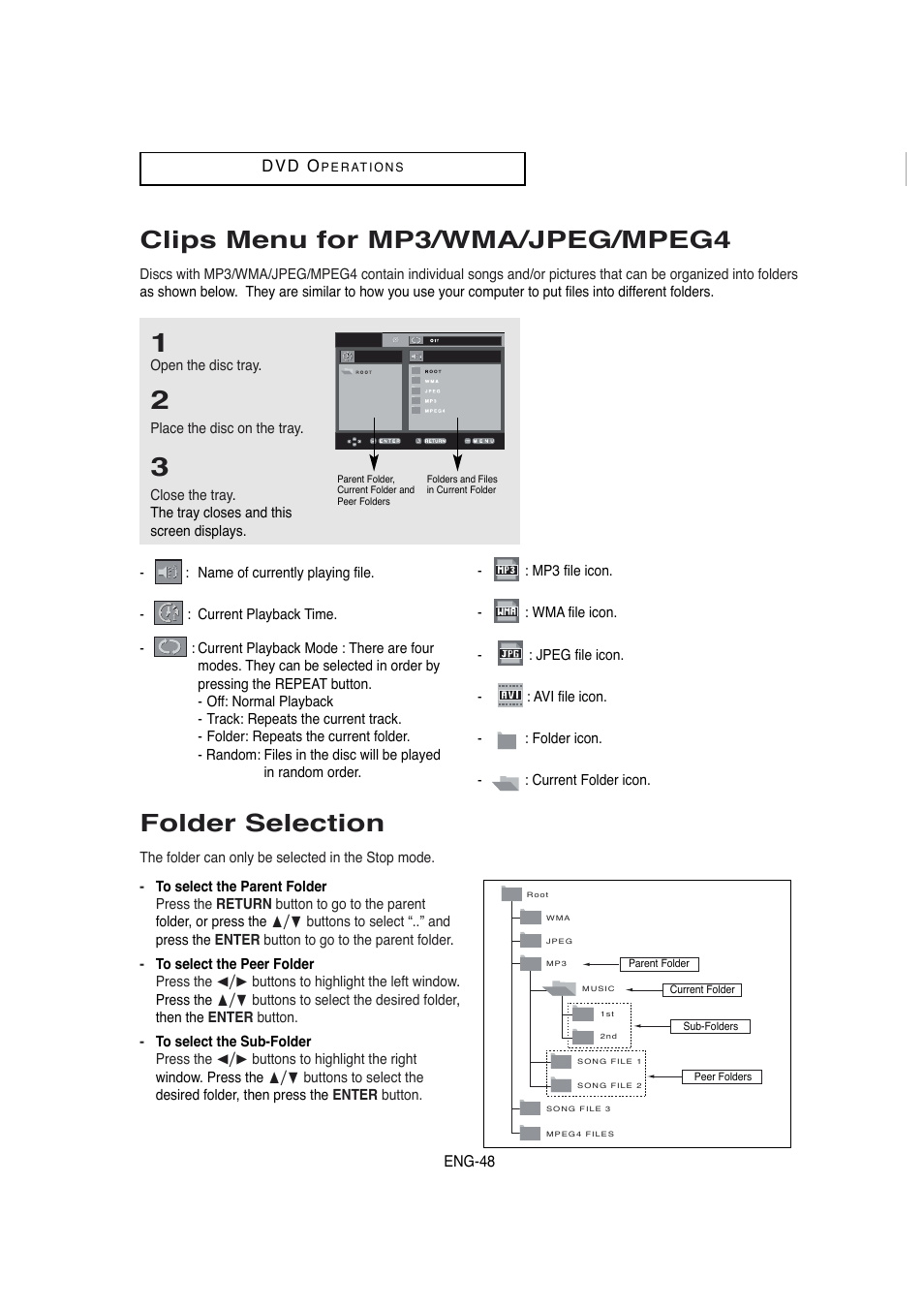 Clips menu for mp3/wma/jpeg/mpeg4, Folder selection | Samsung DVD-V5650B-XAA User Manual | Page 48 / 92