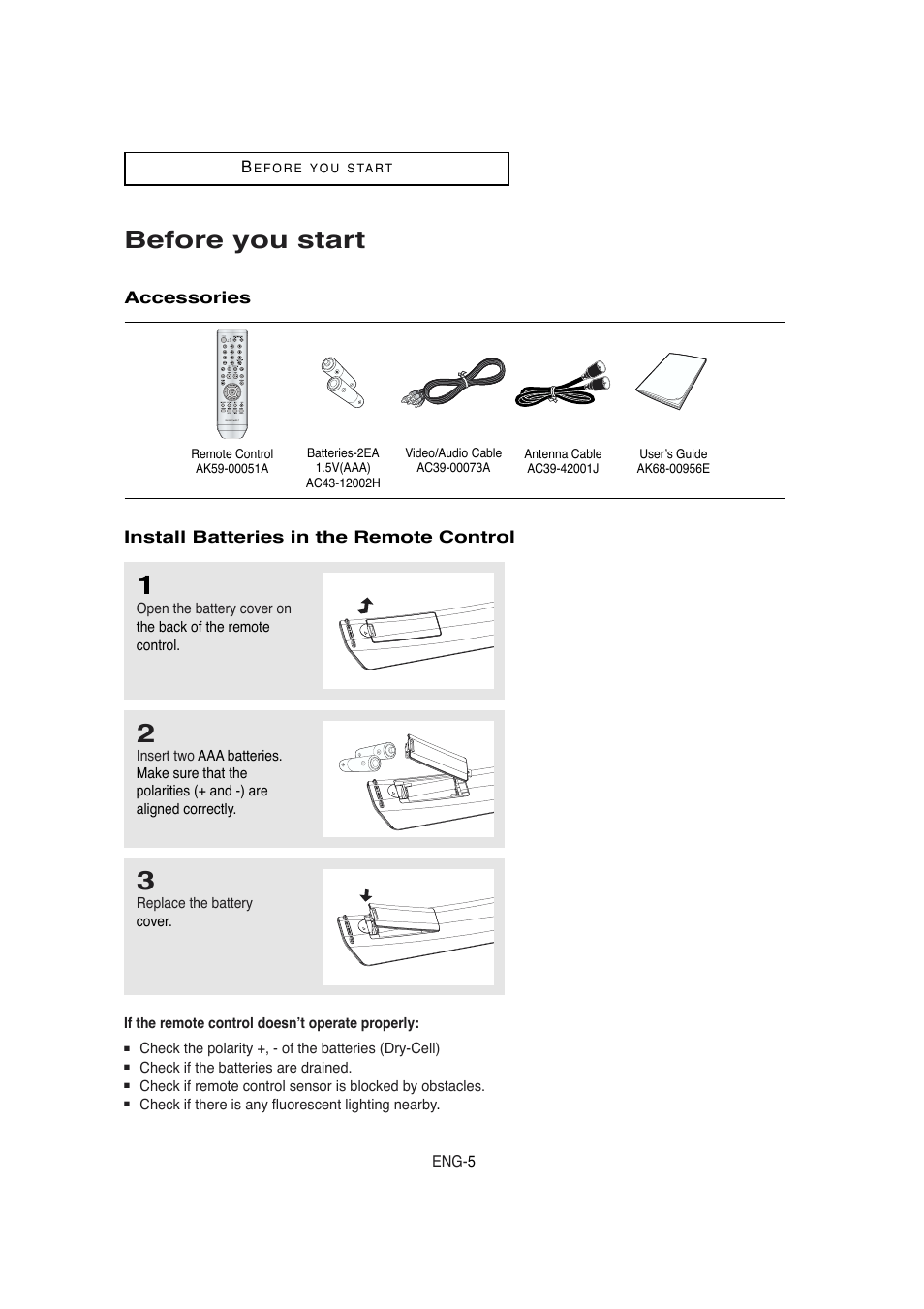 Before you start, Accessories, Install batteries in the remote control | Samsung DVD-V5650B-XAA User Manual | Page 5 / 92