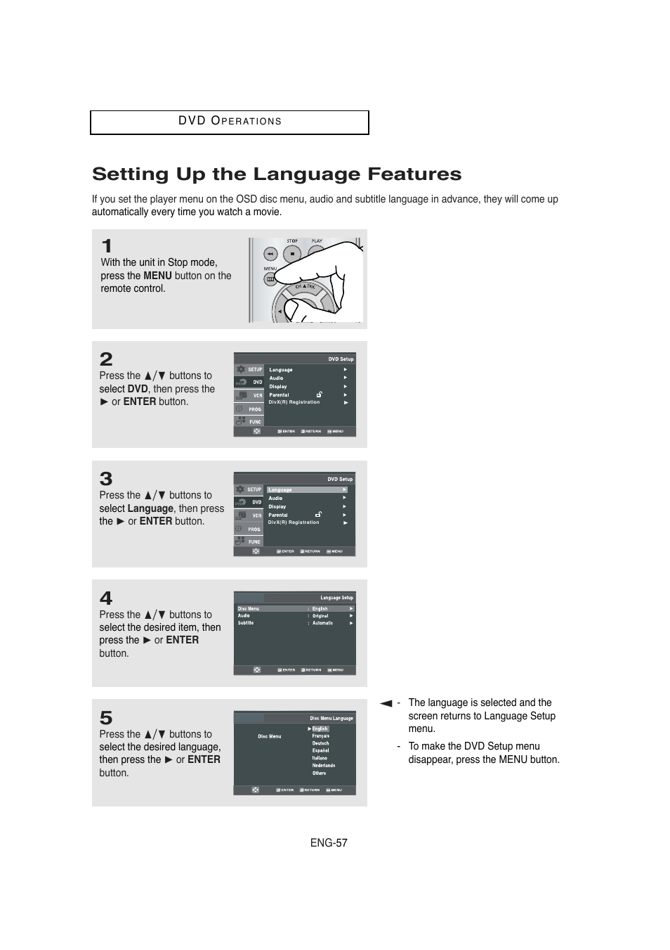 Setting up the language features | Samsung DVD-V5650B-XAA User Manual | Page 57 / 92