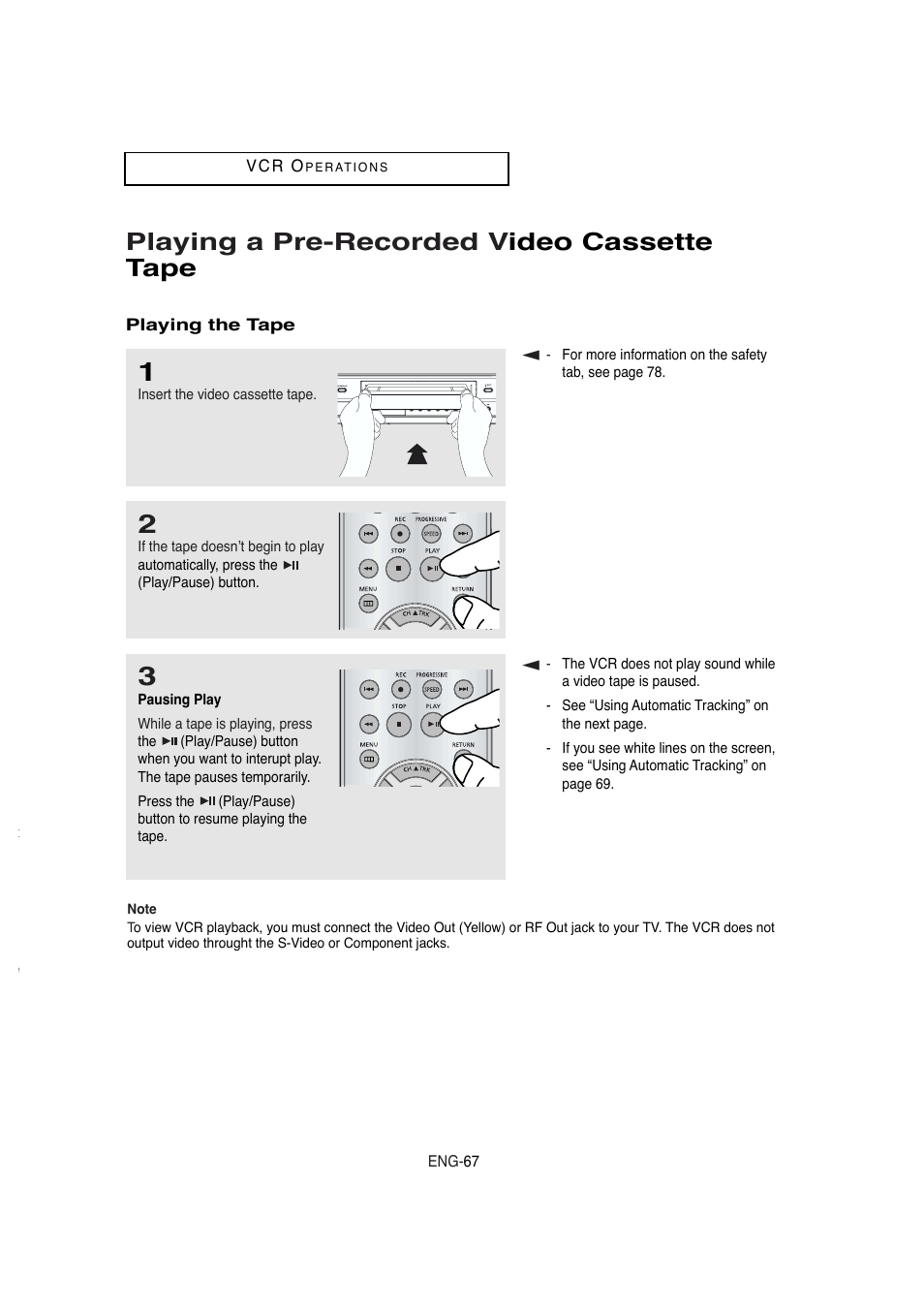 Playing a pre-recorded video cassette tape, Playing a pre-recorded v ideo cassette tape | Samsung DVD-V5650B-XAA User Manual | Page 67 / 92