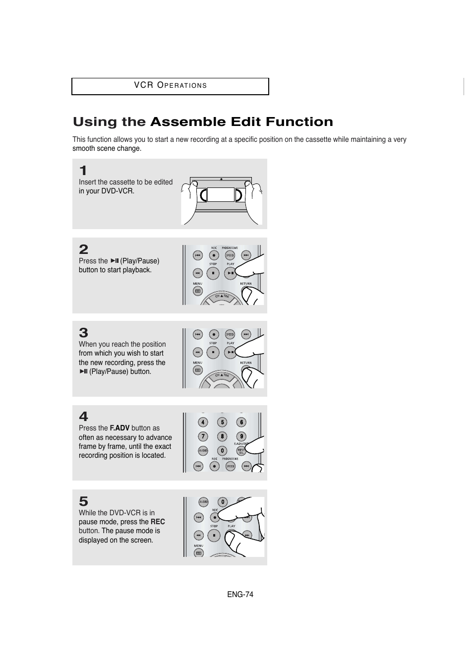 Using the assemble edit function | Samsung DVD-V5650B-XAA User Manual | Page 74 / 92
