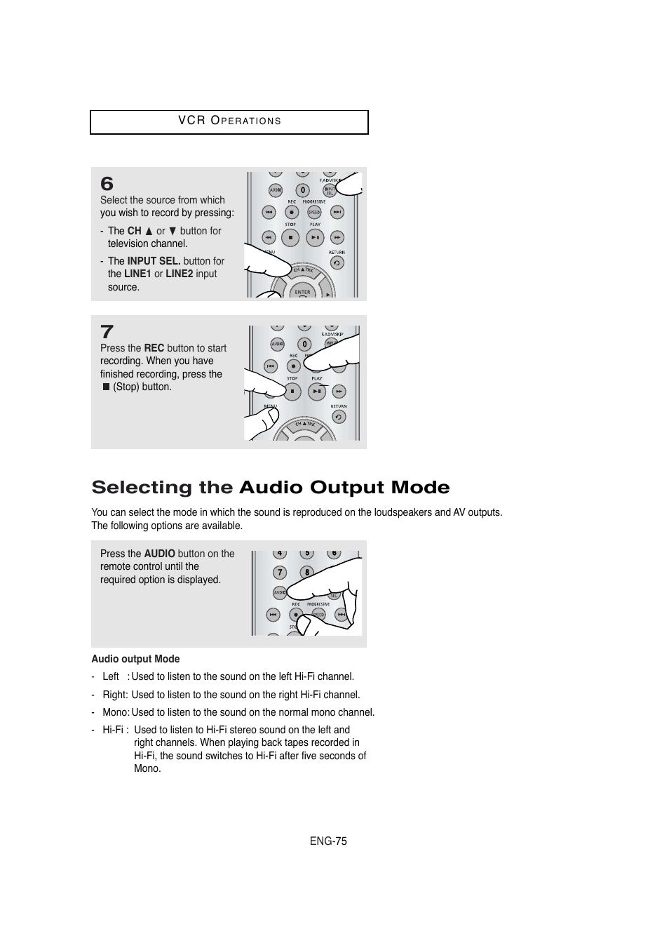 Selecting the audio output mode | Samsung DVD-V5650B-XAA User Manual | Page 75 / 92