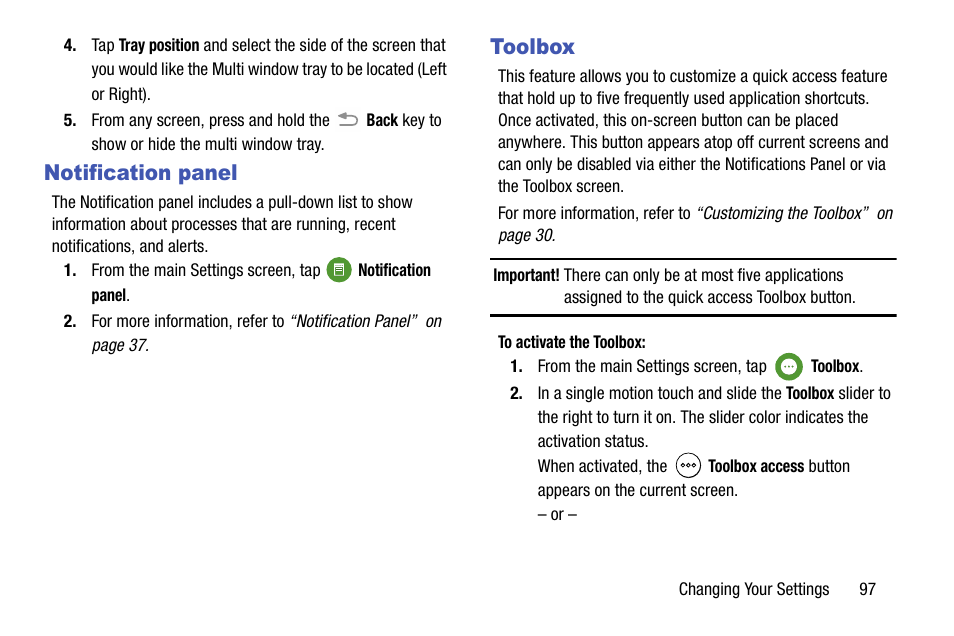 Notification panel, Toolbox, Notification panel toolbox | Samsung SM-G870ARREATT User Manual | Page 105 / 213