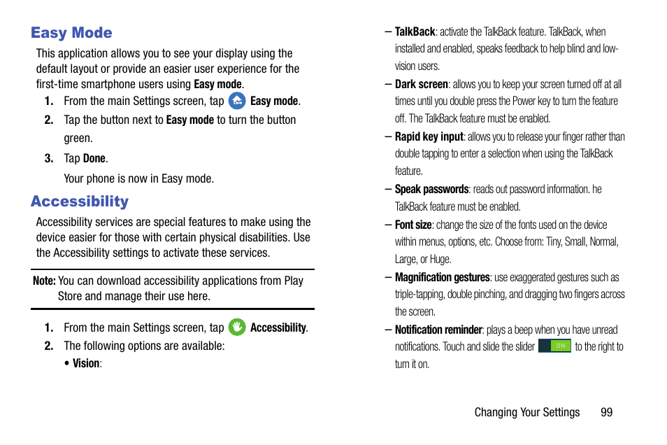 Easy mode, Accessibility, Easy mode accessibility | Samsung SM-G870ARREATT User Manual | Page 107 / 213