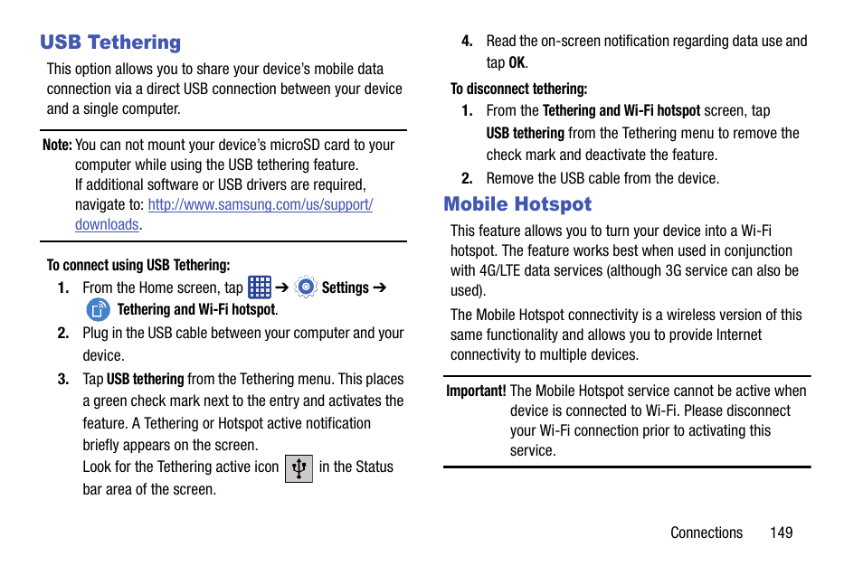 Usb tethering, Mobile hotspot, Usb tethering mobile hotspot | Samsung SM-G870ARREATT User Manual | Page 157 / 213