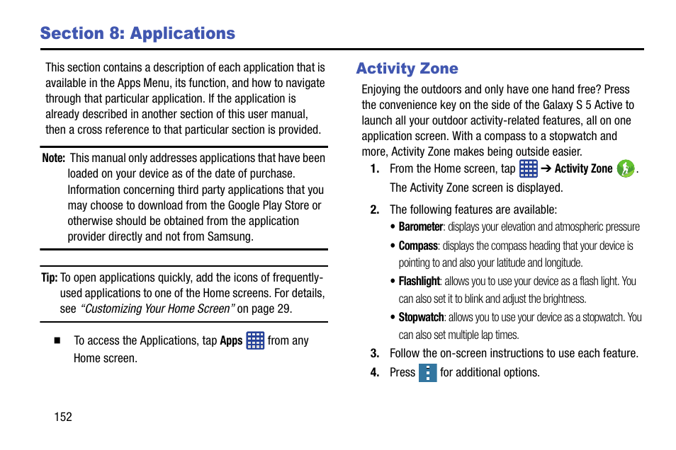 Section 8: applications, Activity zone | Samsung SM-G870ARREATT User Manual | Page 160 / 213