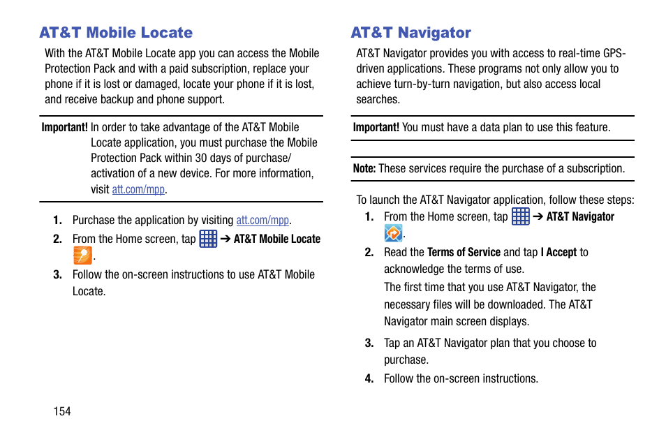 At&t mobile locate, At&t navigator, At&t mobile locate at&t navigator | Samsung SM-G870ARREATT User Manual | Page 162 / 213
