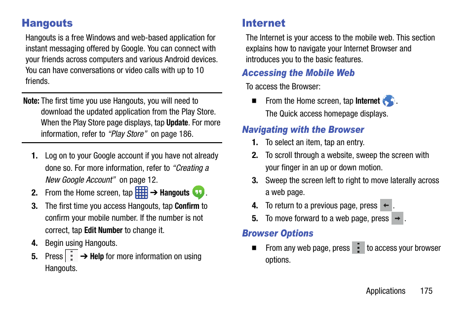 Hangouts, Internet, Hangouts internet | Samsung SM-G870ARREATT User Manual | Page 183 / 213