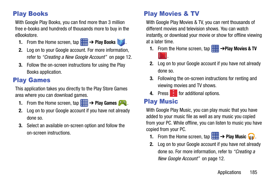 Play books, Play games, Play movies & tv | Play music, Play books play games, Play movies & tv play music | Samsung SM-G870ARREATT User Manual | Page 193 / 213