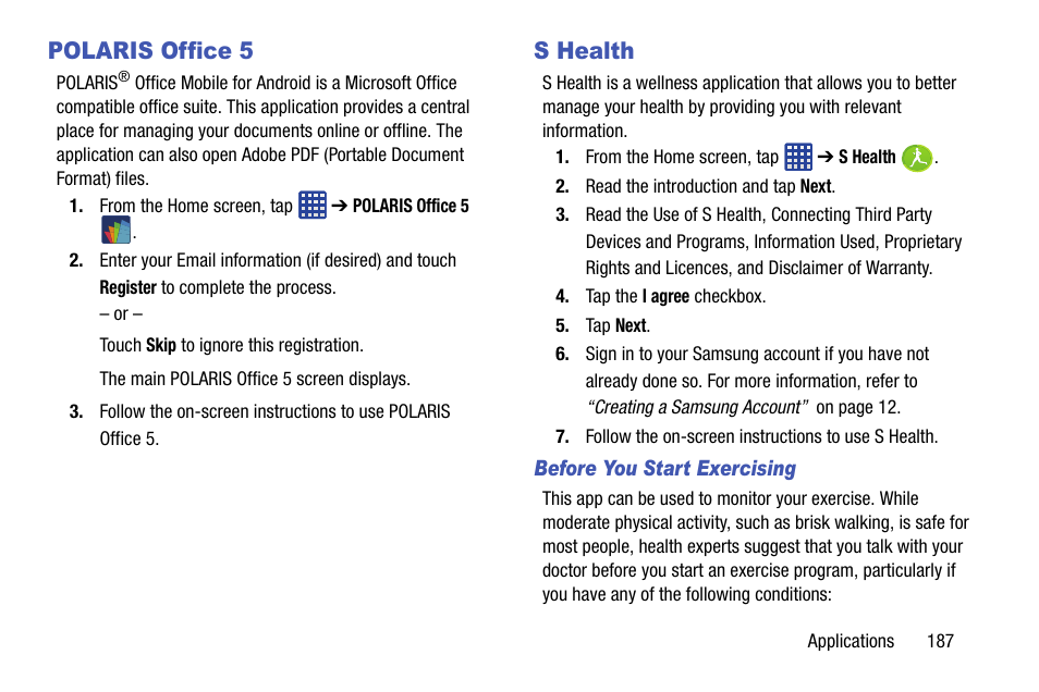 Polaris office 5, S health, Polaris office 5 s health | P, see “s health” on | Samsung SM-G870ARREATT User Manual | Page 195 / 213