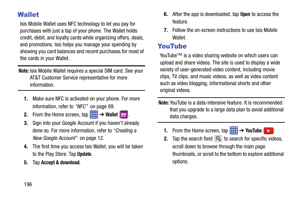 Wallet, Youtube, Wallet youtube | Samsung SM-G870ARREATT User Manual | Page 204 / 213