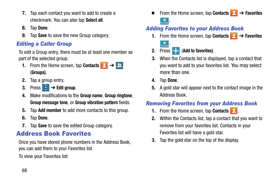 Address book favorites | Samsung SM-G870ARREATT User Manual | Page 76 / 213