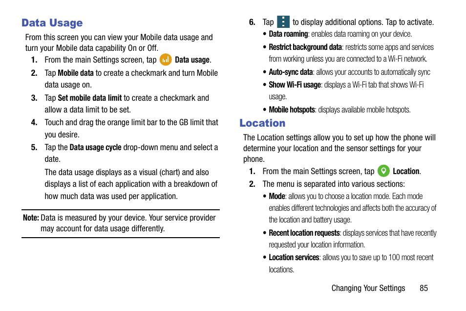 Data usage, Location | Samsung SM-G870ARREATT User Manual | Page 93 / 213