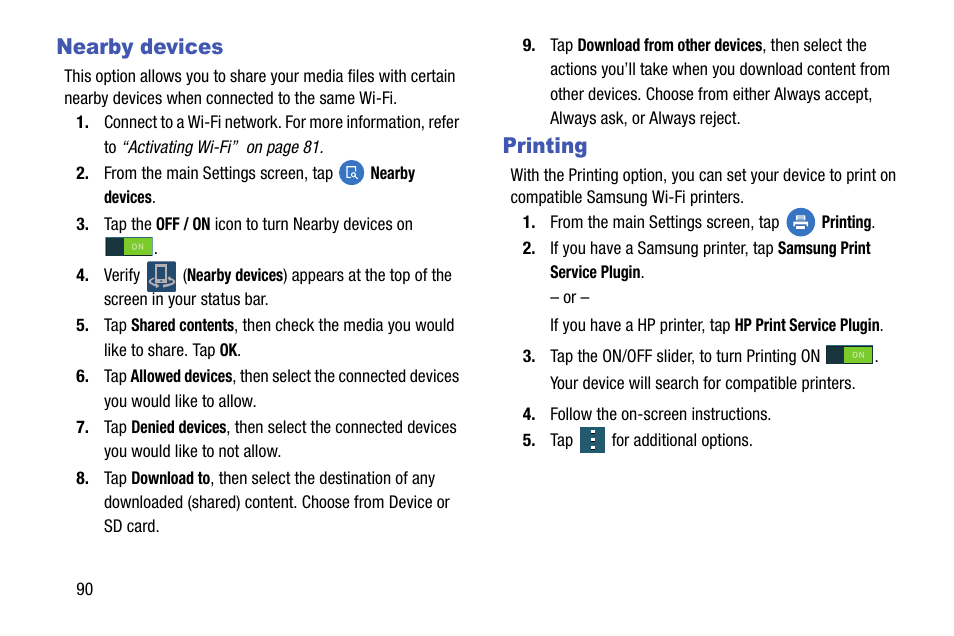 Nearby devices, Printing, Nearby devices printing | Samsung SM-G870ARREATT User Manual | Page 98 / 213