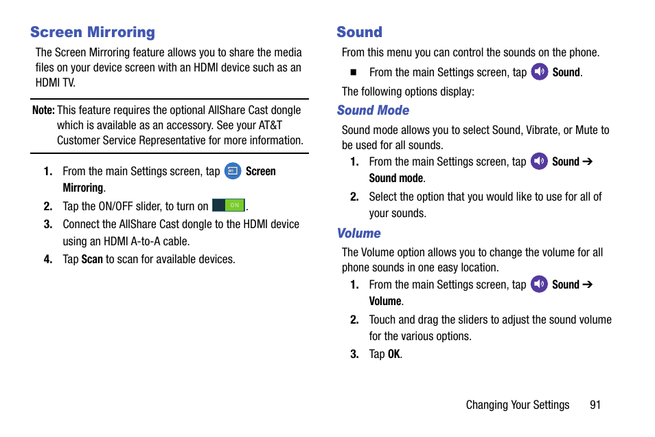 Screen mirroring, Sound, Screen mirroring sound | Samsung SM-G870ARREATT User Manual | Page 99 / 213