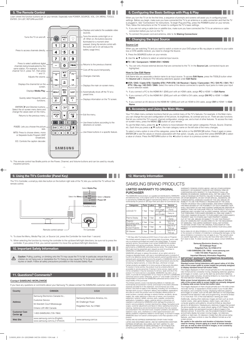 Samsung brand products, Using the tv's controller (panel key), Important safety information | Questions? comments, Configuring the basic settings with plug & play, Changing the input source, Accessing and using the main menu, The remote control, Warranty information, Limited warranty to original purchaser | Samsung UN55EH6050FXZA User Manual | Page 2 / 2