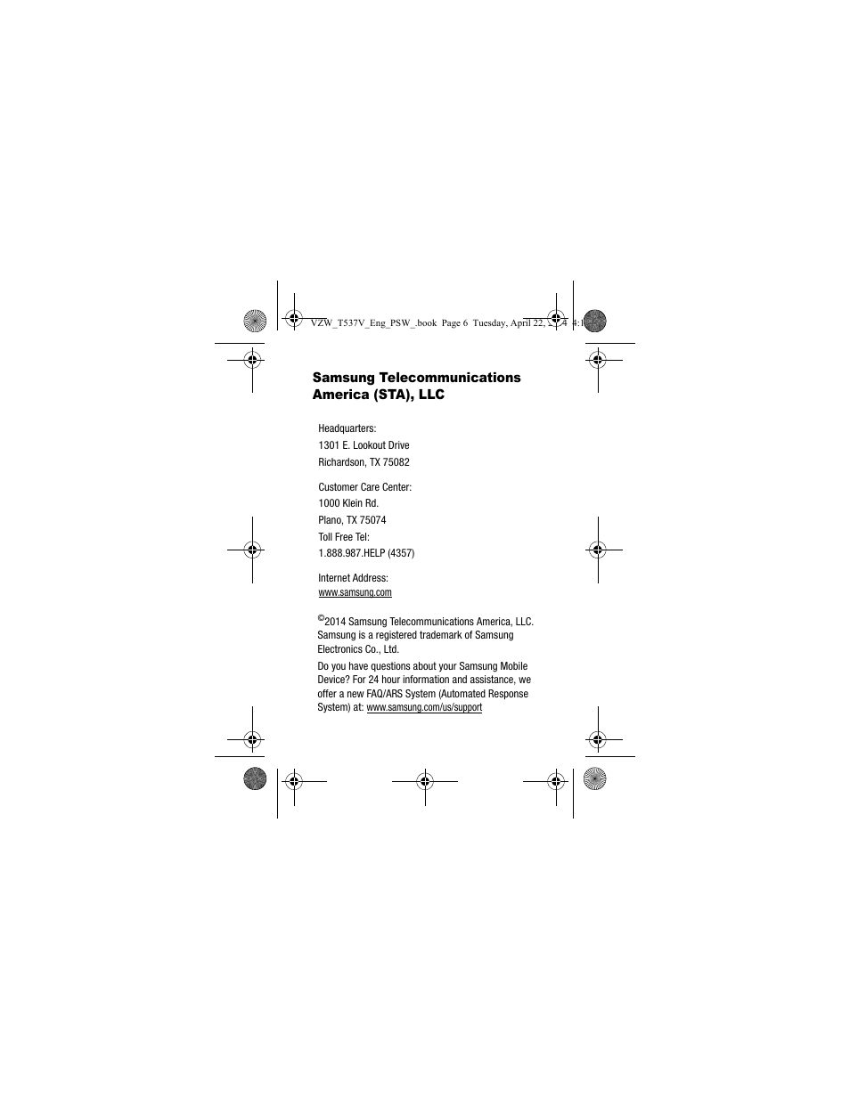 Samsung telecommunications america (sta), llc | Samsung SM-T537VYKAVZW User Manual | Page 6 / 75