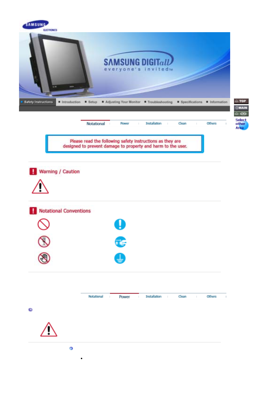 Safty instructions, Notational, Power | Samsung LS17MHFSSU-XAZ User Manual | Page 2 / 72