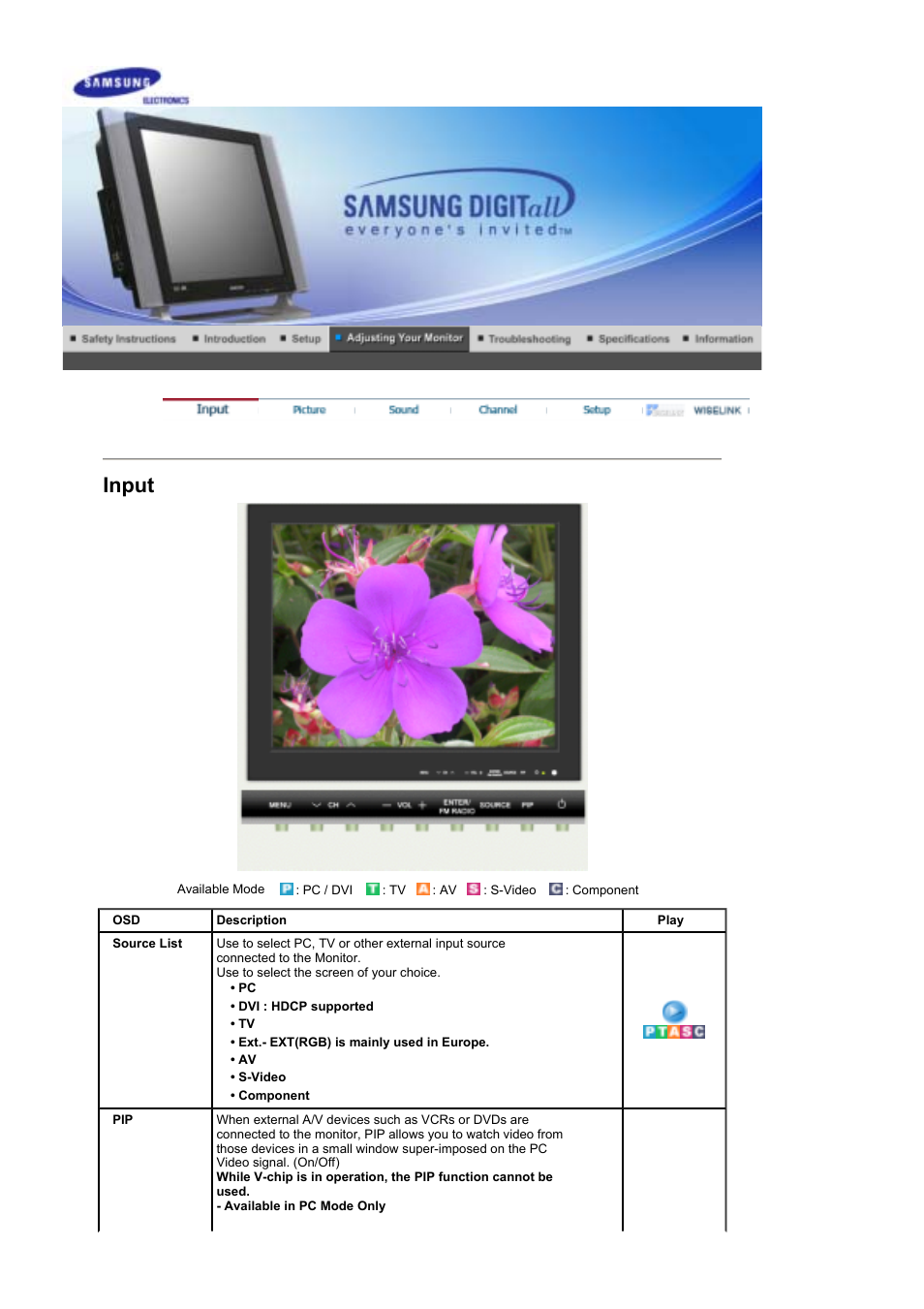 Adjusting your monitor, Input | Samsung LS17MHFSSU-XAZ User Manual | Page 28 / 72