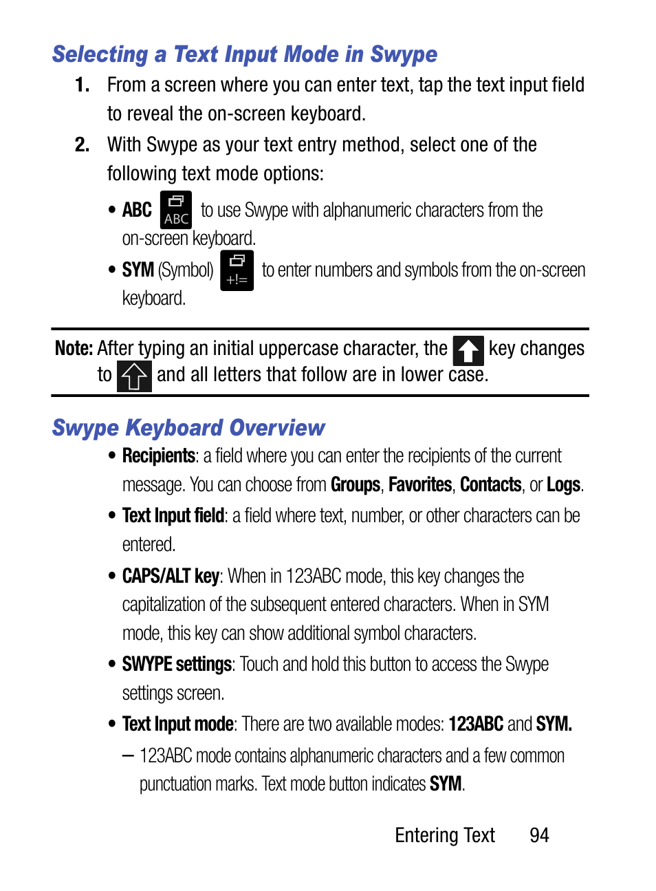 Selecting a text input mode in swype, Swype keyboard overview | Samsung SM-S975LZKATFN User Manual | Page 101 / 479