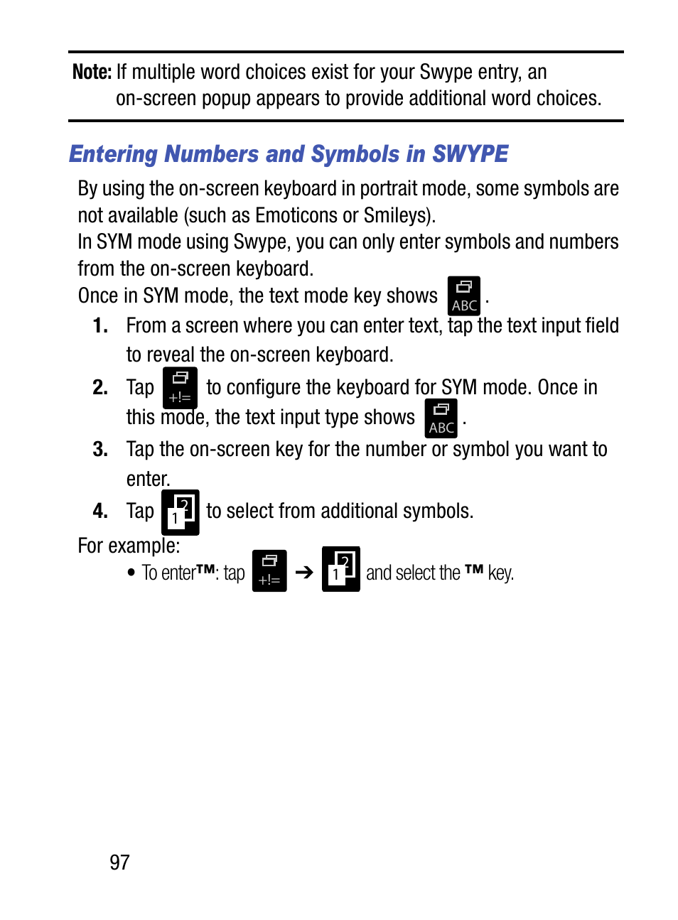 Entering numbers and symbols in swype | Samsung SM-S975LZKATFN User Manual | Page 104 / 479