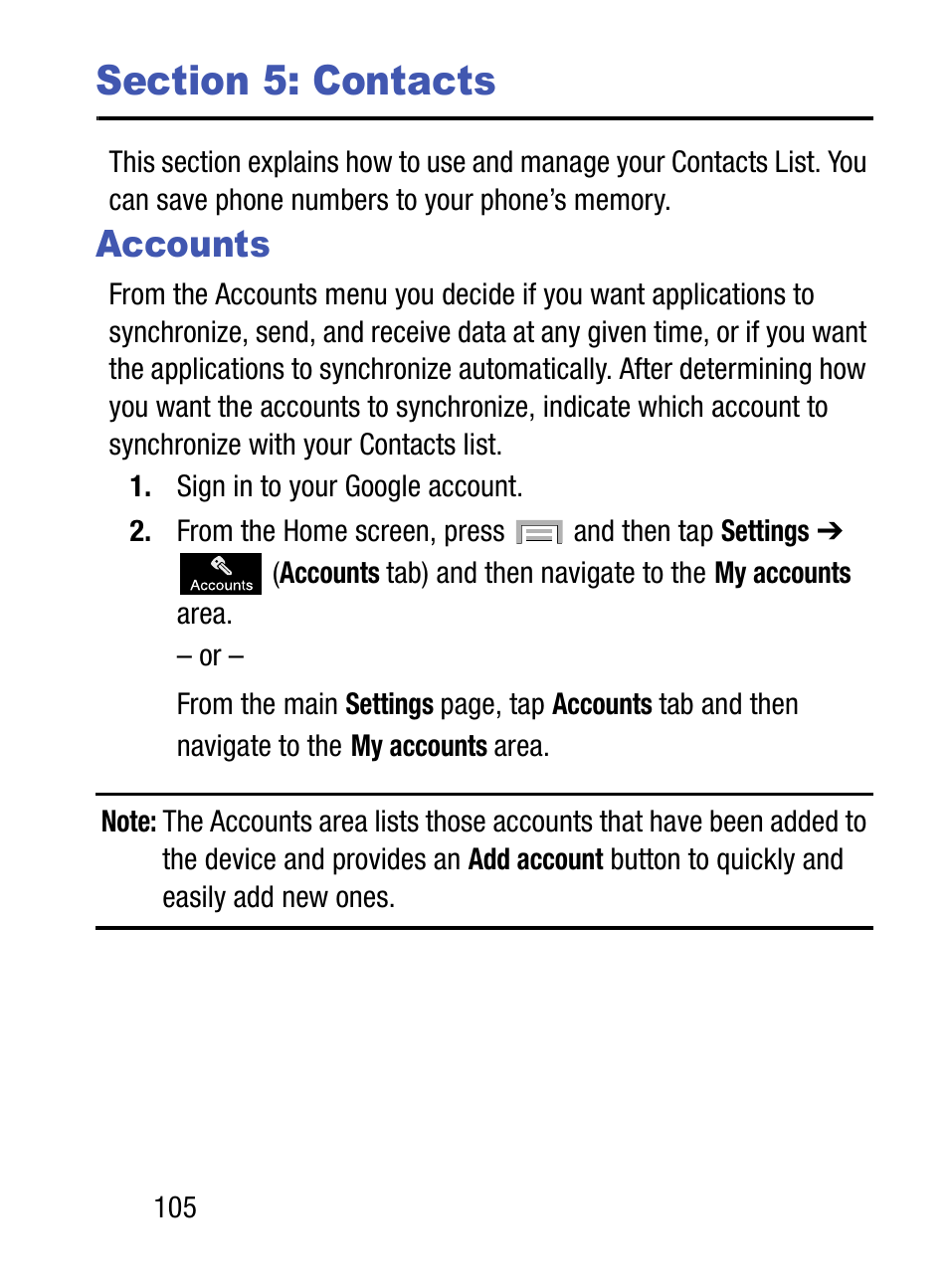 Section 5: contacts, Accounts | Samsung SM-S975LZKATFN User Manual | Page 112 / 479