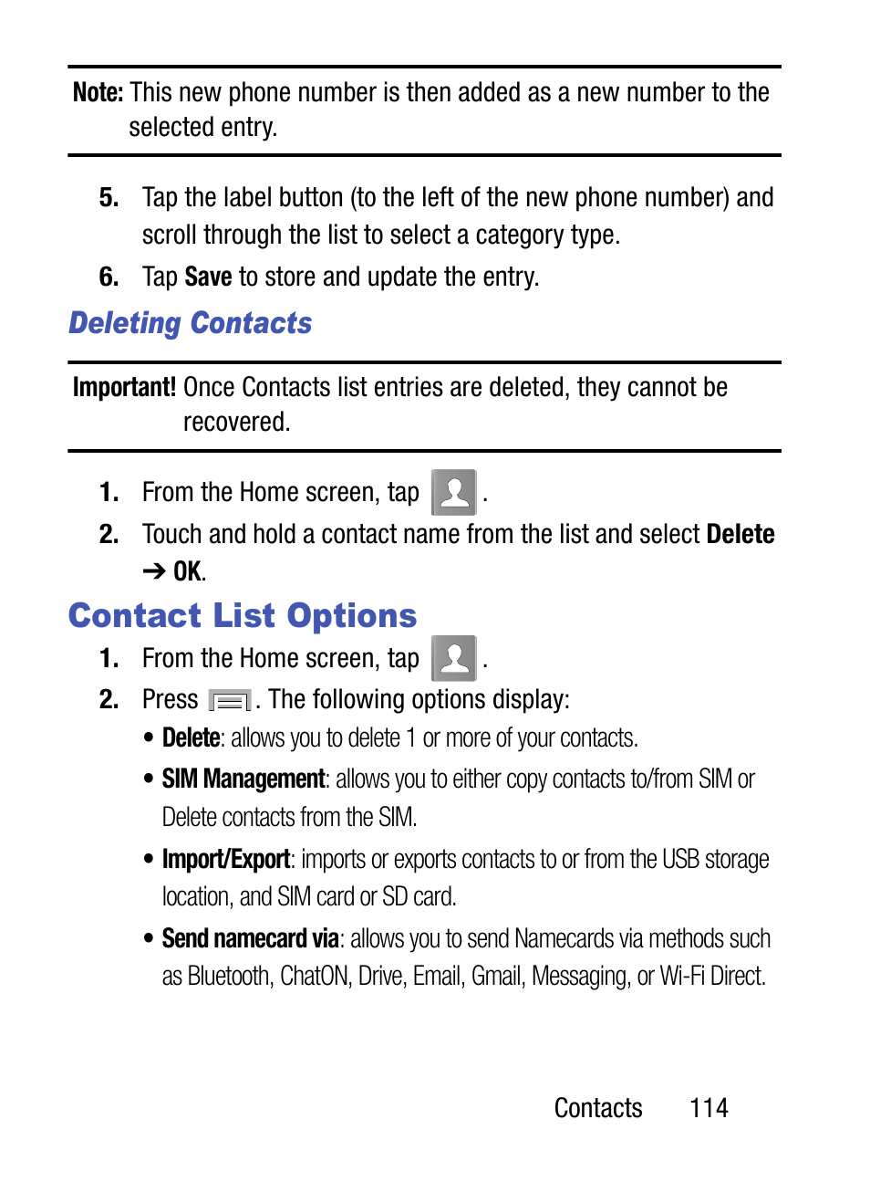 Contact list options, Deleting contacts | Samsung SM-S975LZKATFN User Manual | Page 121 / 479