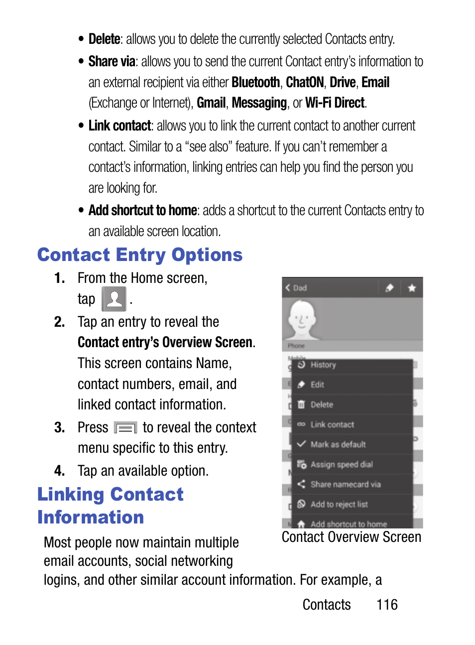 Contact entry options, Linking contact information, Contact entry options linking contact information | Samsung SM-S975LZKATFN User Manual | Page 123 / 479