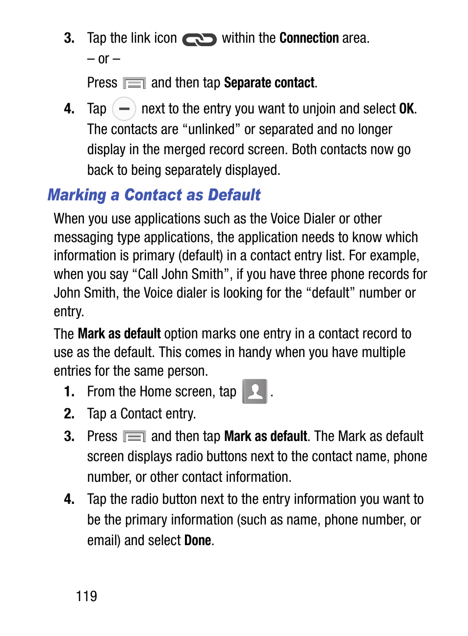 Marking a contact as default | Samsung SM-S975LZKATFN User Manual | Page 126 / 479