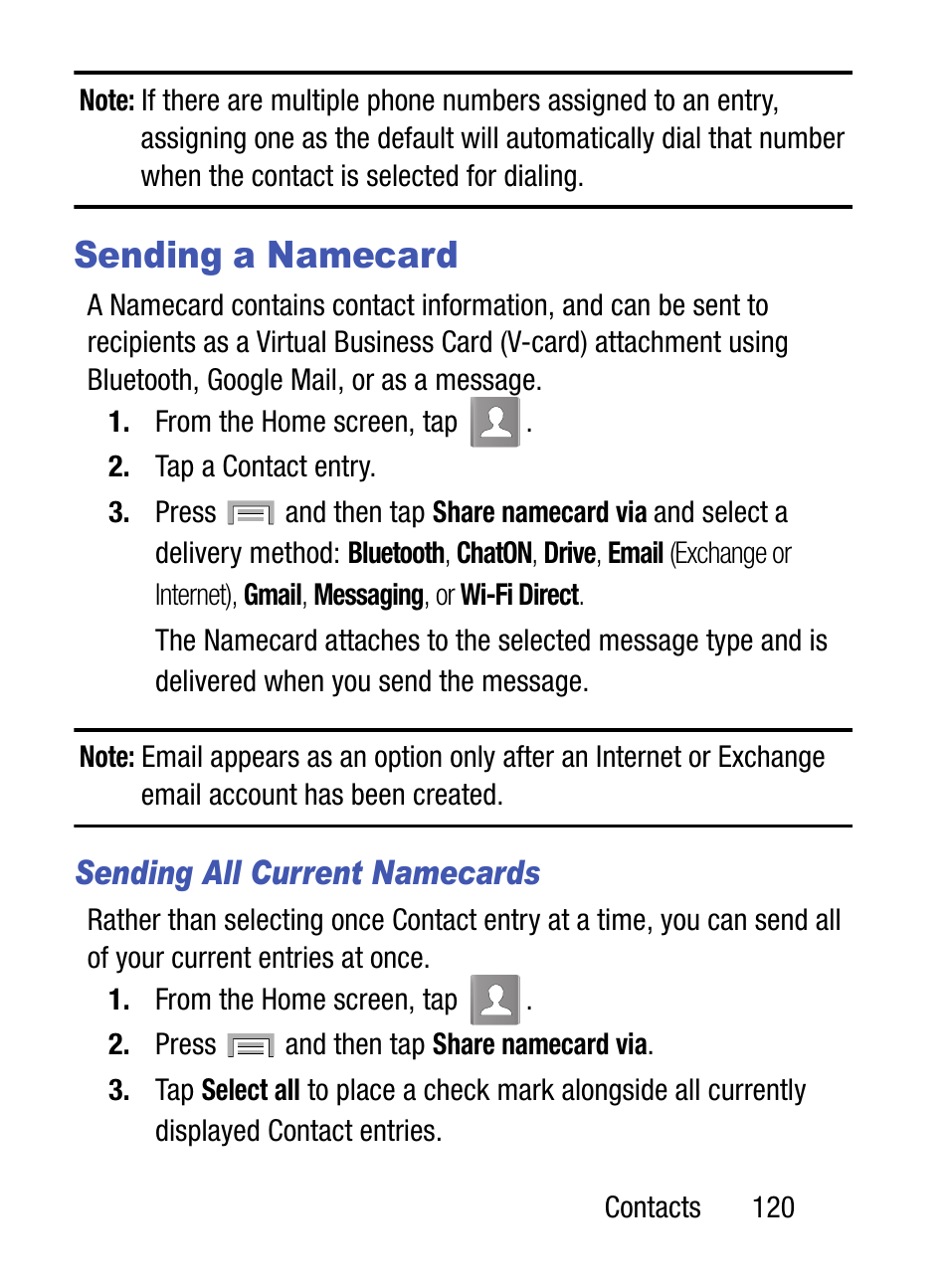 Sending a namecard, Sending all current namecards | Samsung SM-S975LZKATFN User Manual | Page 127 / 479