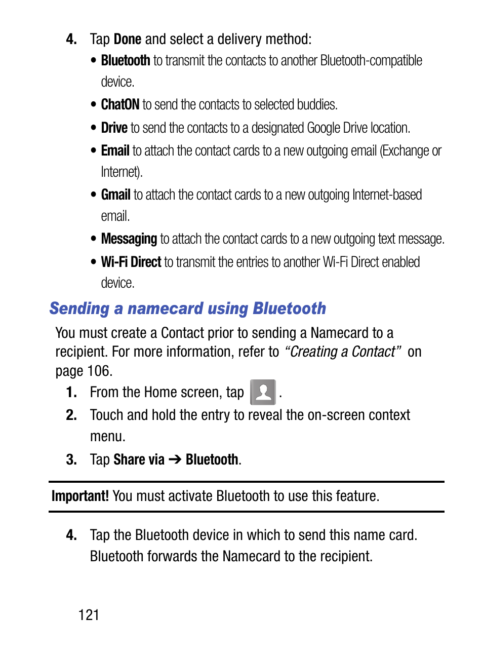 Sending a namecard using bluetooth | Samsung SM-S975LZKATFN User Manual | Page 128 / 479
