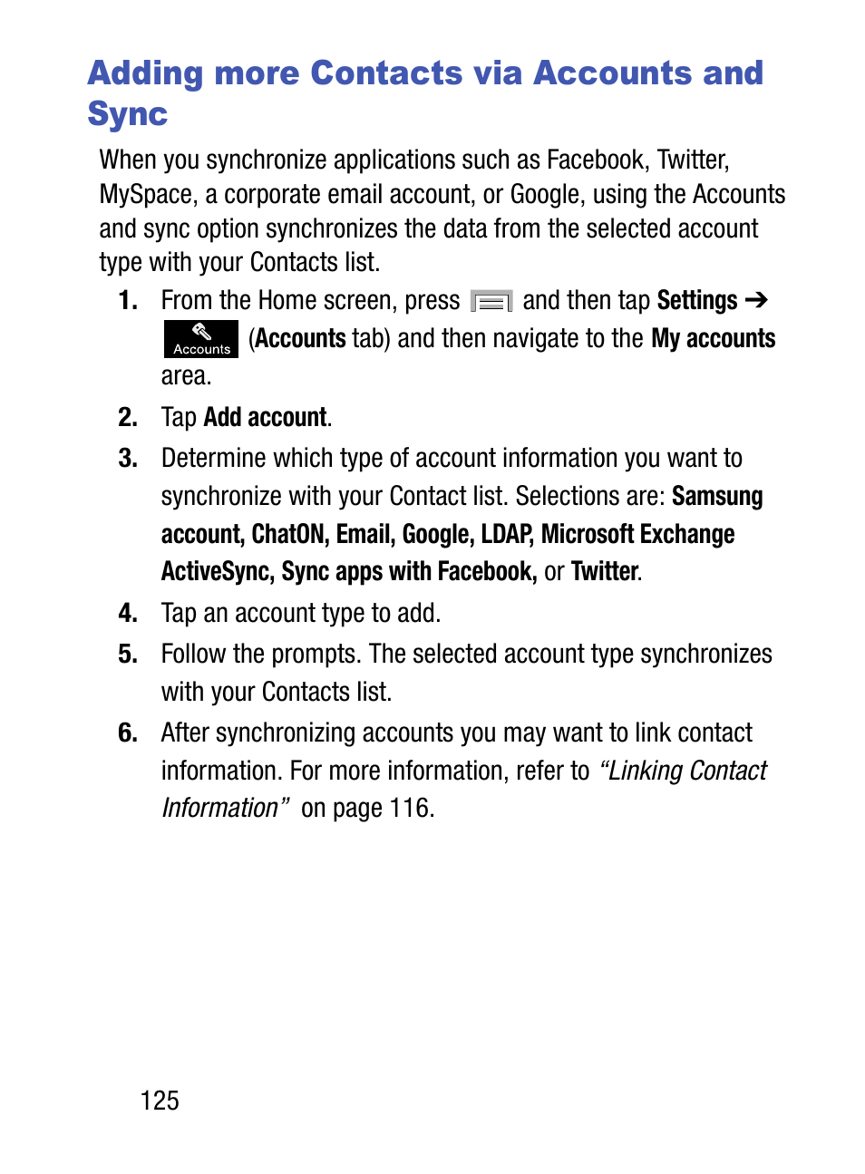 Adding more contacts via accounts and sync | Samsung SM-S975LZKATFN User Manual | Page 132 / 479