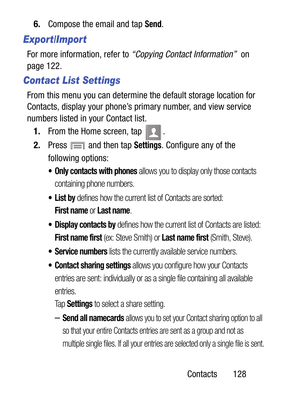 Export/import, Contact list settings | Samsung SM-S975LZKATFN User Manual | Page 135 / 479