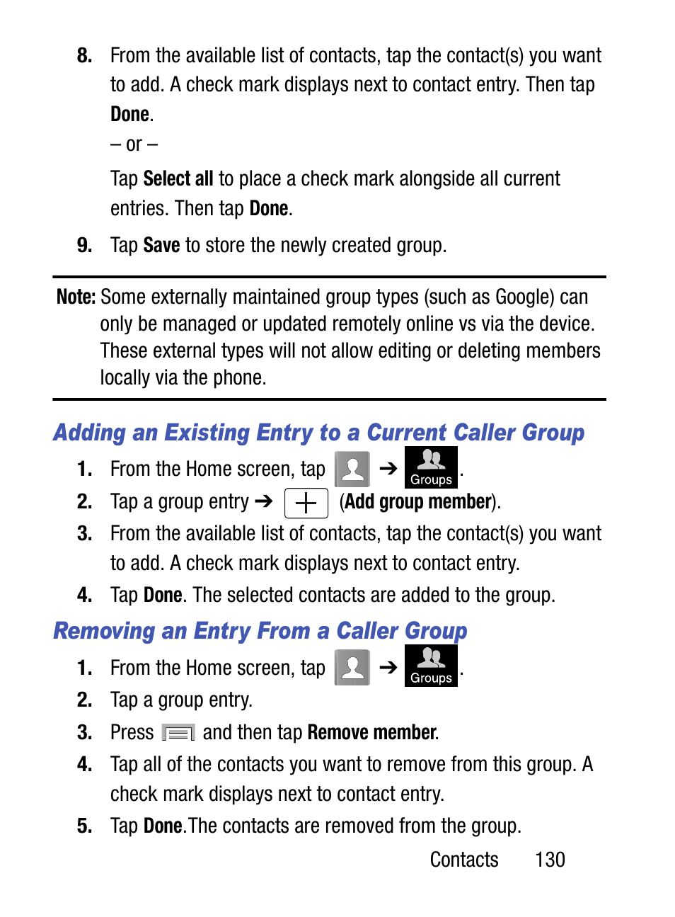 Adding an existing entry to a current caller group, Removing an entry from a caller group | Samsung SM-S975LZKATFN User Manual | Page 137 / 479