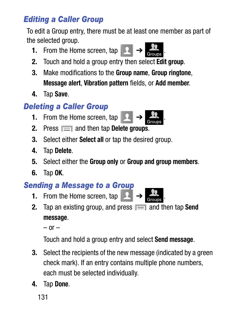 Editing a caller group, Deleting a caller group, Sending a message to a group | Samsung SM-S975LZKATFN User Manual | Page 138 / 479