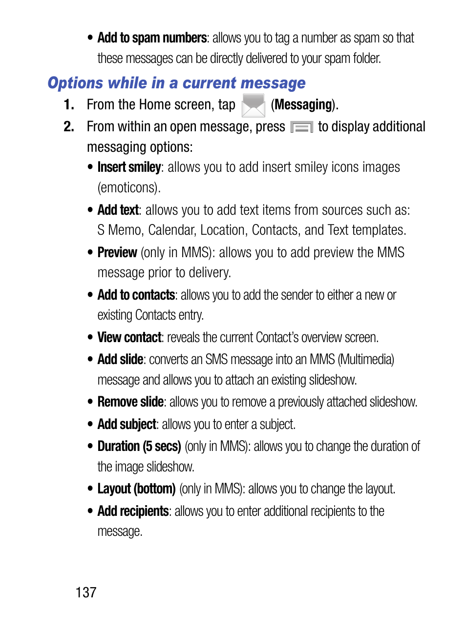 Options while in a current message | Samsung SM-S975LZKATFN User Manual | Page 144 / 479