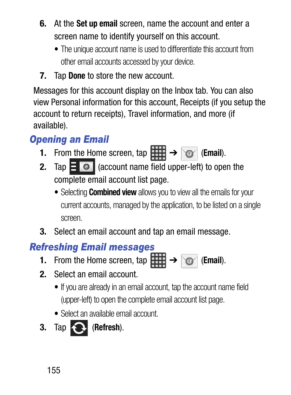 Opening an email, Refreshing email messages | Samsung SM-S975LZKATFN User Manual | Page 162 / 479