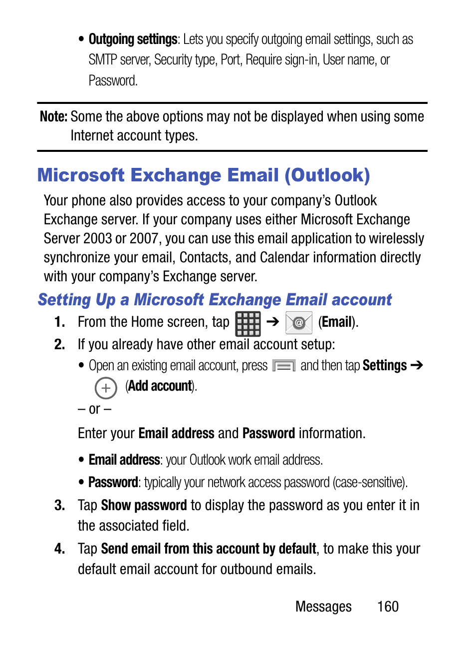 Microsoft exchange email (outlook), Setting up a microsoft exchange email account | Samsung SM-S975LZKATFN User Manual | Page 167 / 479