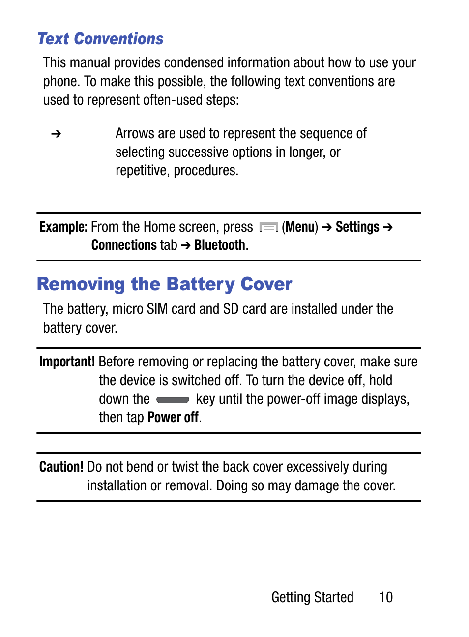 Removing the battery cover, Text conventions | Samsung SM-S975LZKATFN User Manual | Page 17 / 479