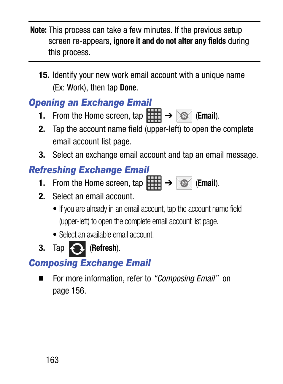 Opening an exchange email, Refreshing exchange email, Composing exchange email | Samsung SM-S975LZKATFN User Manual | Page 170 / 479