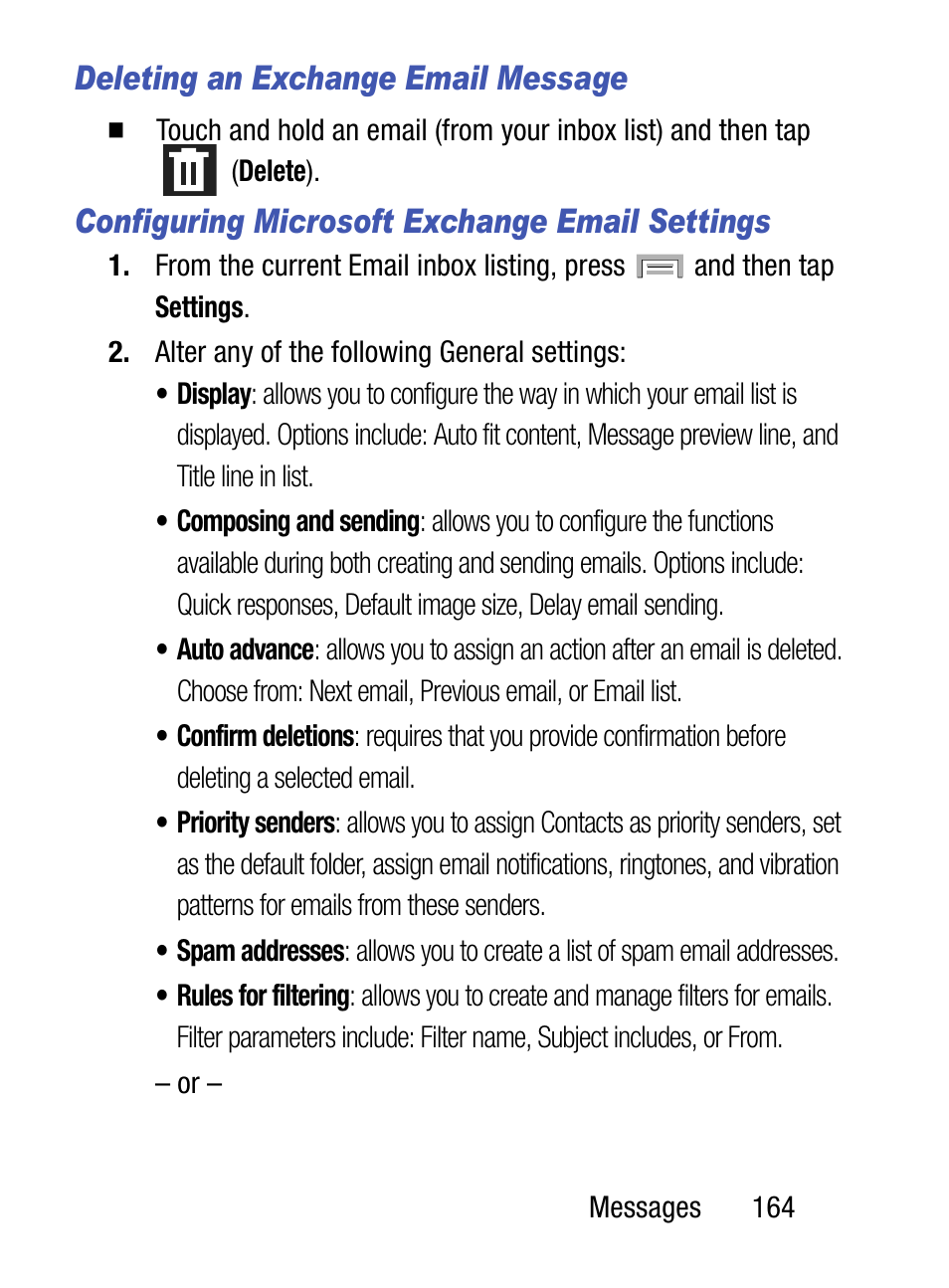 Deleting an exchange email message, Configuring microsoft exchange email settings | Samsung SM-S975LZKATFN User Manual | Page 171 / 479