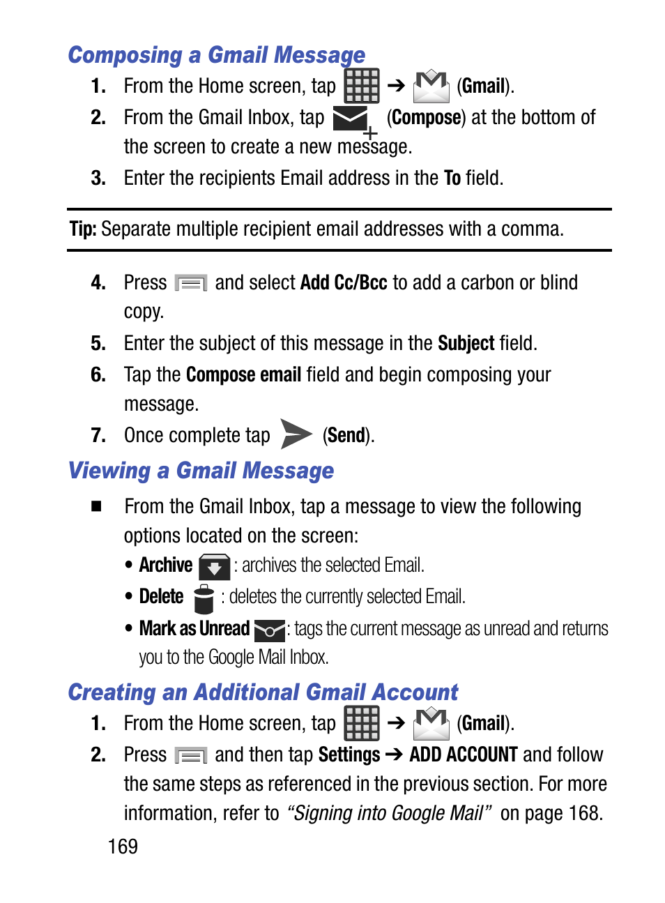 Composing a gmail message, Viewing a gmail message, Creating an additional gmail account | Samsung SM-S975LZKATFN User Manual | Page 176 / 479