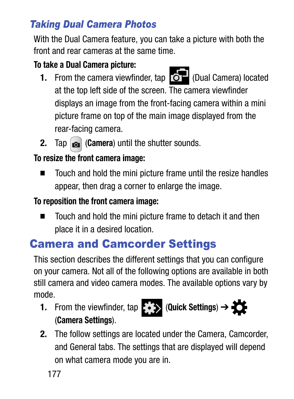 Camera and camcorder settings, Taking dual camera photos | Samsung SM-S975LZKATFN User Manual | Page 184 / 479