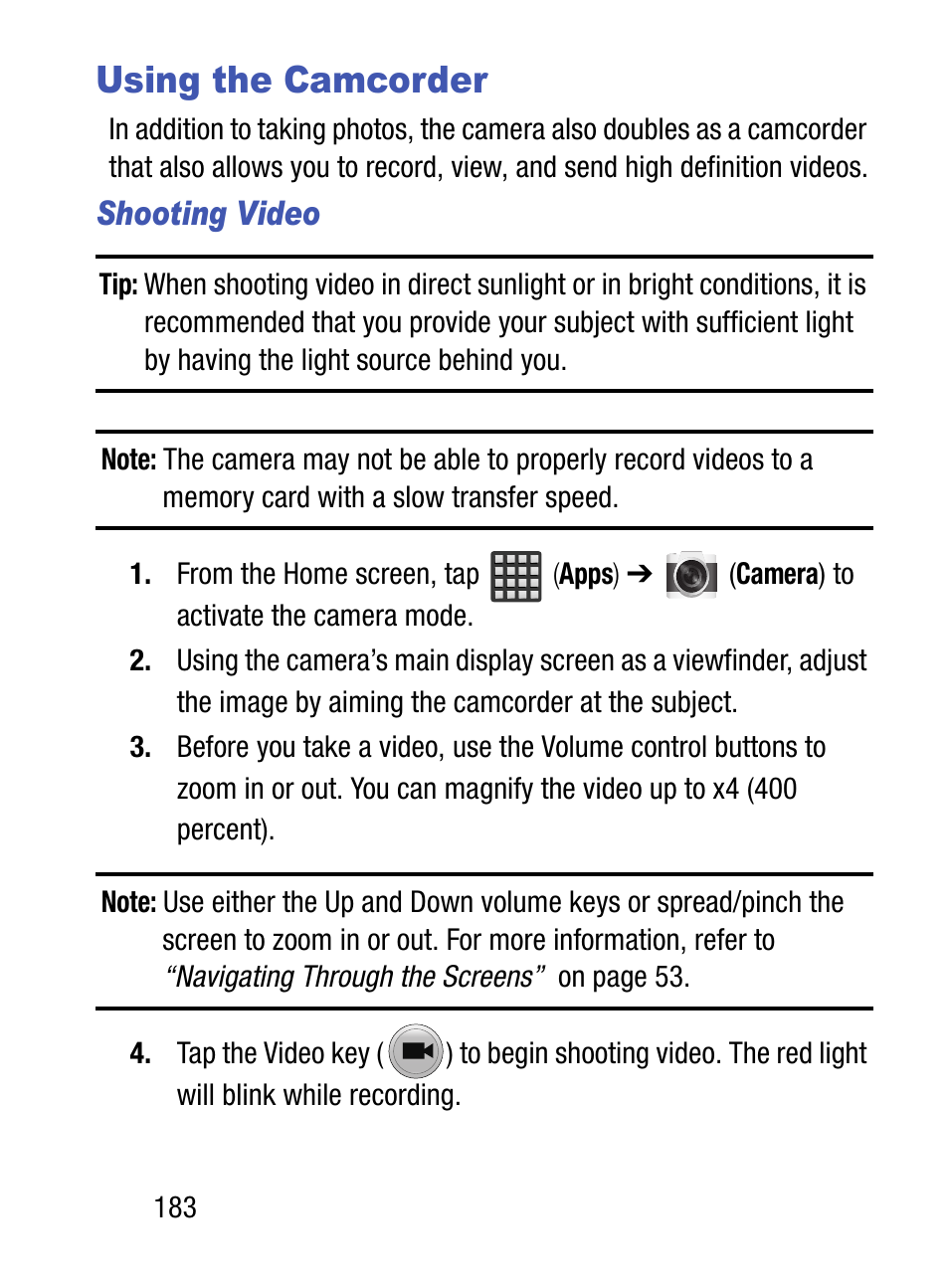 Using the camcorder, Shooting video | Samsung SM-S975LZKATFN User Manual | Page 190 / 479