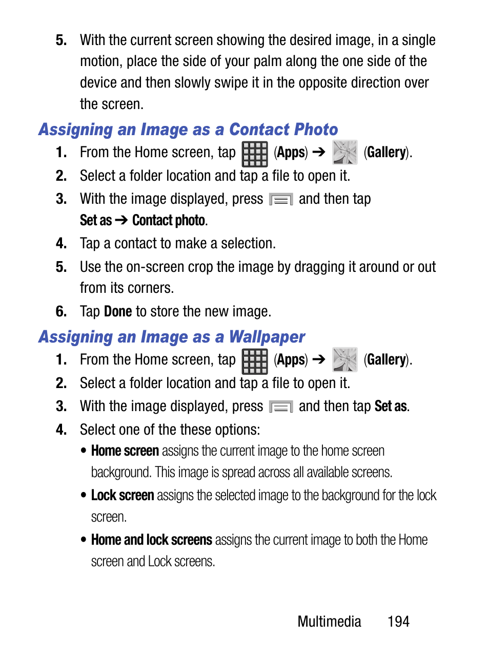 Assigning an image as a contact photo, Assigning an image as a wallpaper | Samsung SM-S975LZKATFN User Manual | Page 201 / 479