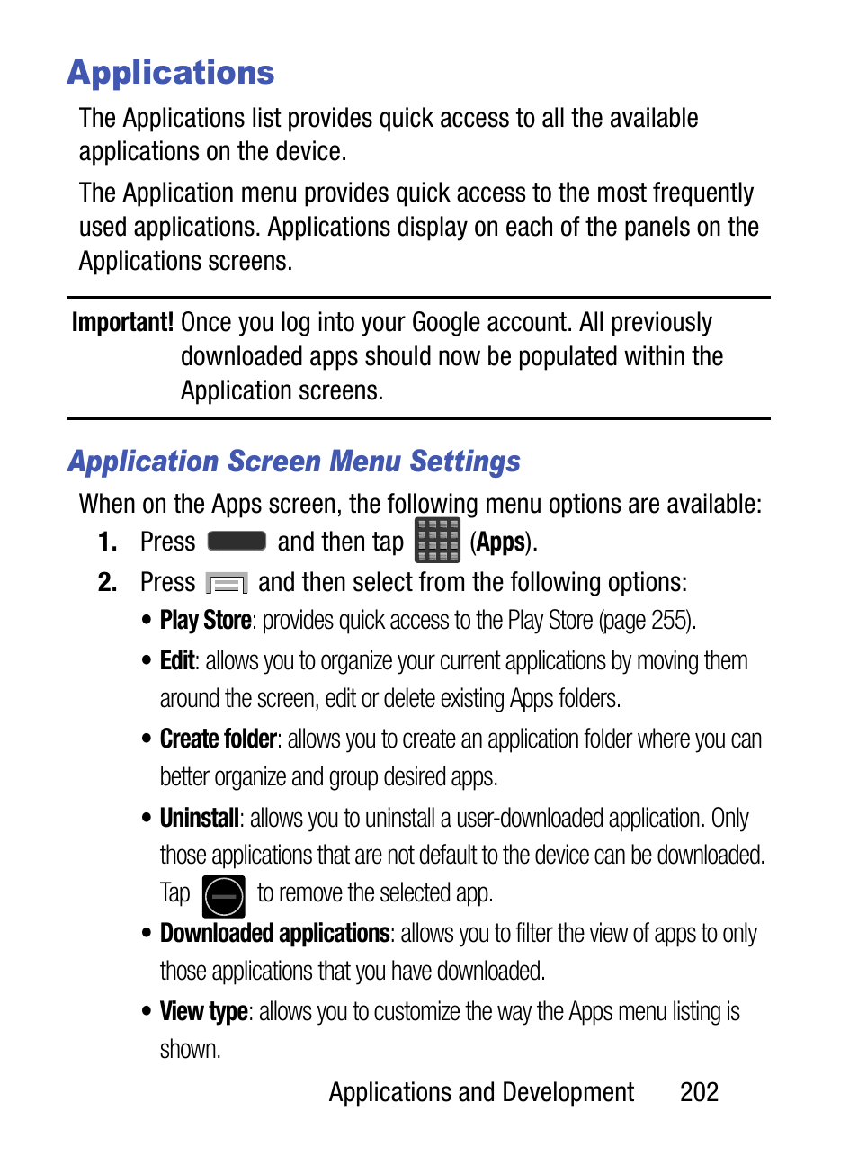 Applications, Application screen menu settings | Samsung SM-S975LZKATFN User Manual | Page 209 / 479