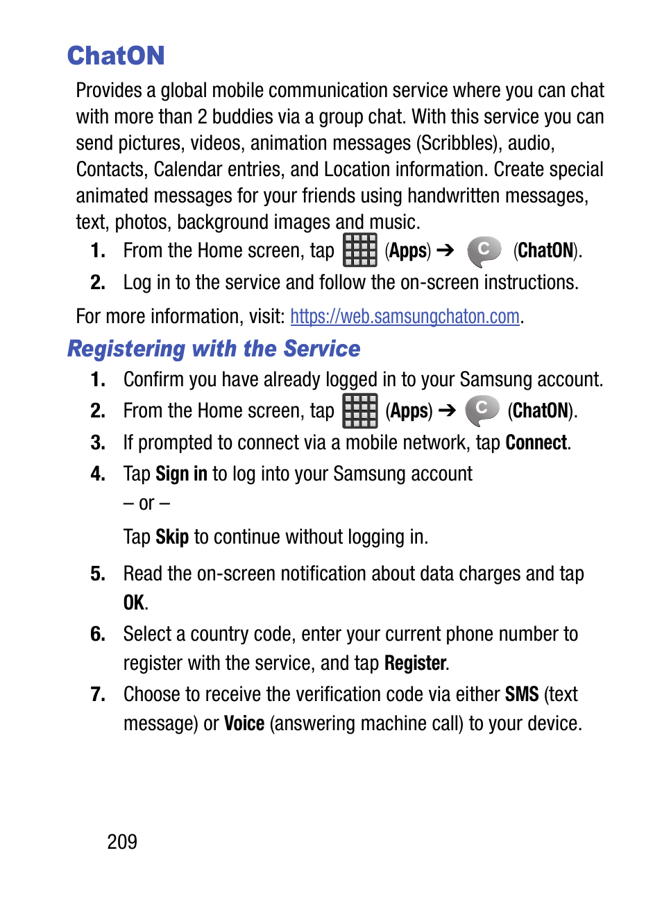 Chaton, Registering with the service | Samsung SM-S975LZKATFN User Manual | Page 216 / 479