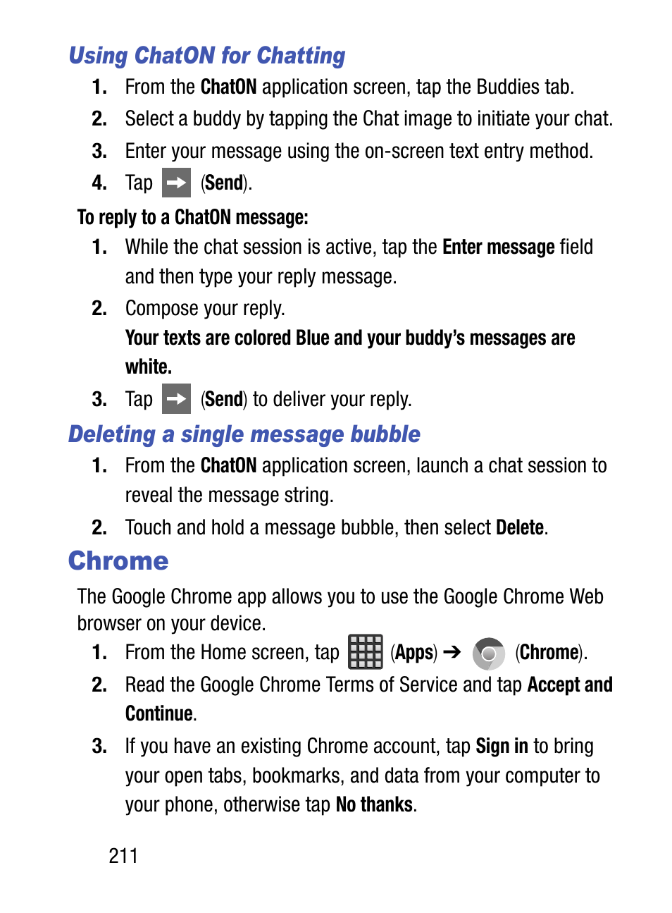 Chrome, Using chaton for chatting, Deleting a single message bubble | Samsung SM-S975LZKATFN User Manual | Page 218 / 479